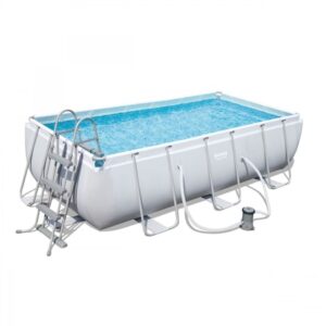 Pachet Piscina cu cadru metalic + pompa de filtrare, dreptunghiulara, din PVC si poliester, 404 x 201 x 100 cm, alba